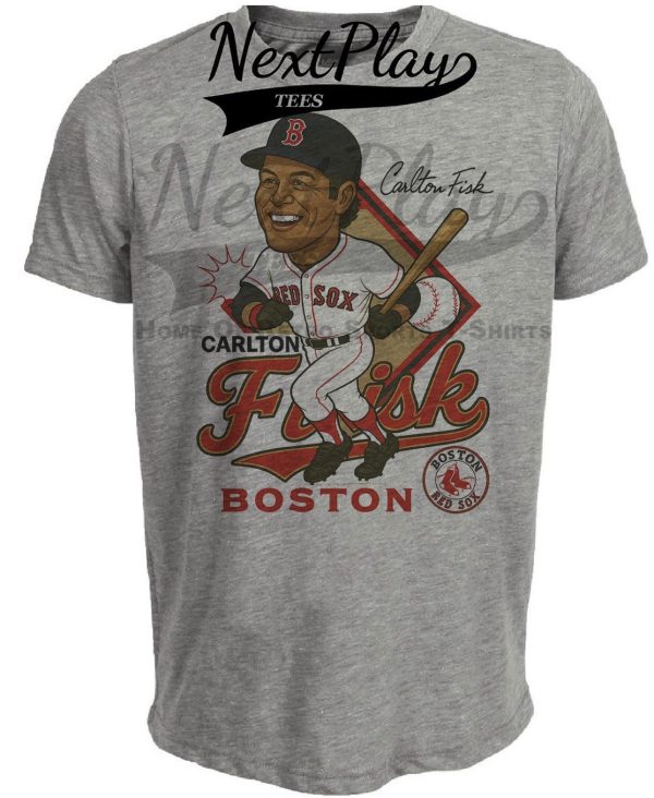 Boston Red Sox Carlton Fisk Exclusive Retro Baseball Caricature 1975 Artwork Heather Gray Sublimated T-Shirt