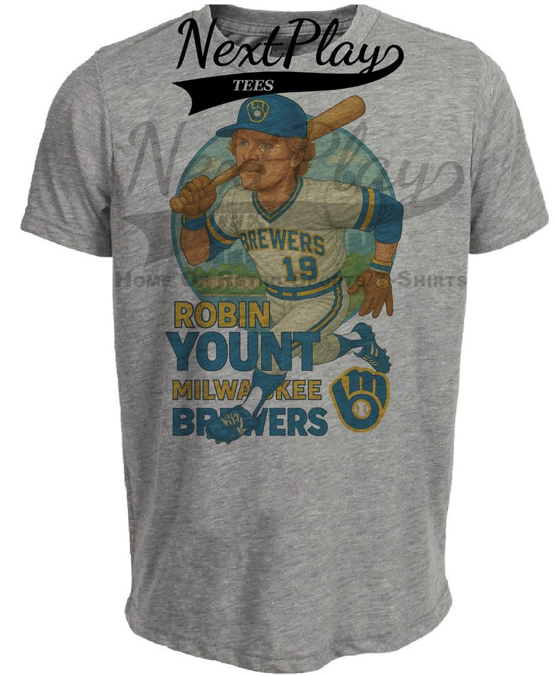 Milwaukee Brewers Robin Yount Exclusive Retro Baseball Skyline 1982 Artwork Heather Gray Sublimated T-Shirt
