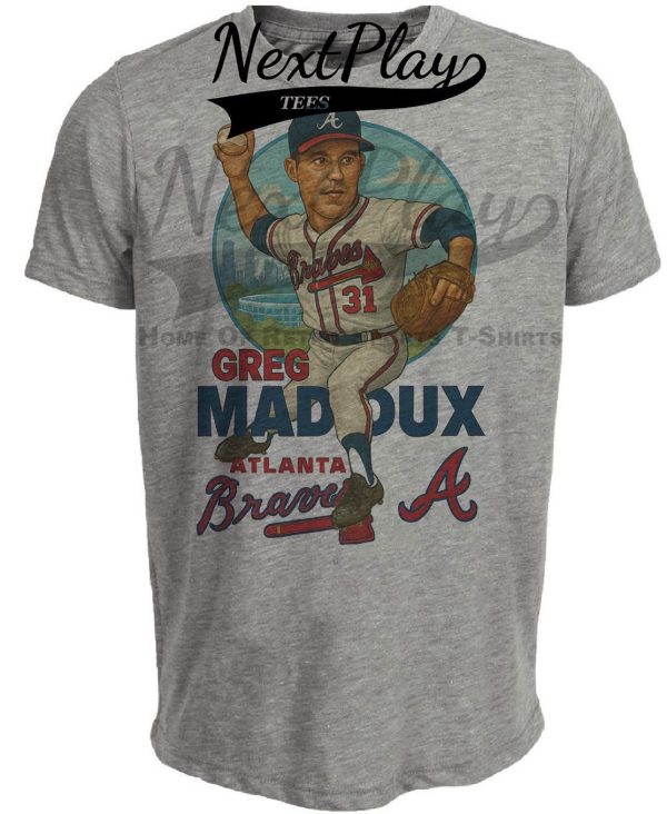 Atlanta Braves Greg Maddux Exclusive Retro Baseball Skyline 1993 Artwork Heather Gray Sublimated T-Shirt