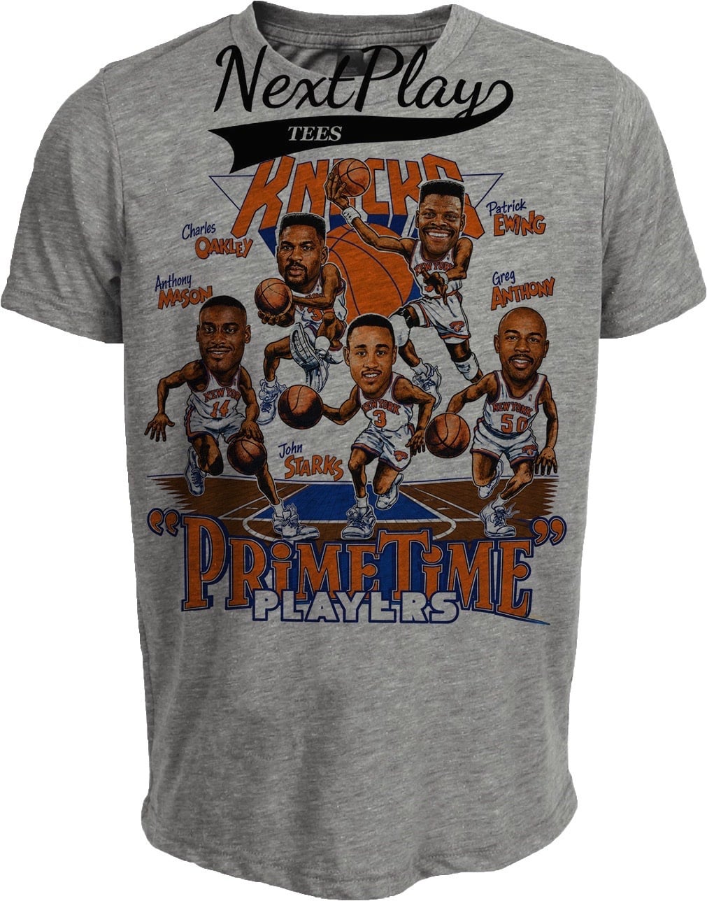 New York Knicks Prime Time Players Retro Starks Ewing Oakley Basketball 1991 Artwork Heather Gray Sublimated T-Shirt