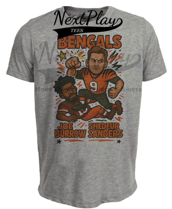 Cincinnati Bengals Joe Burrow vs. Cleveland Browns Shedeur Sanders Exclusive Retro Rivals Football Artwork Heather Gray Sublimated T-Shirt