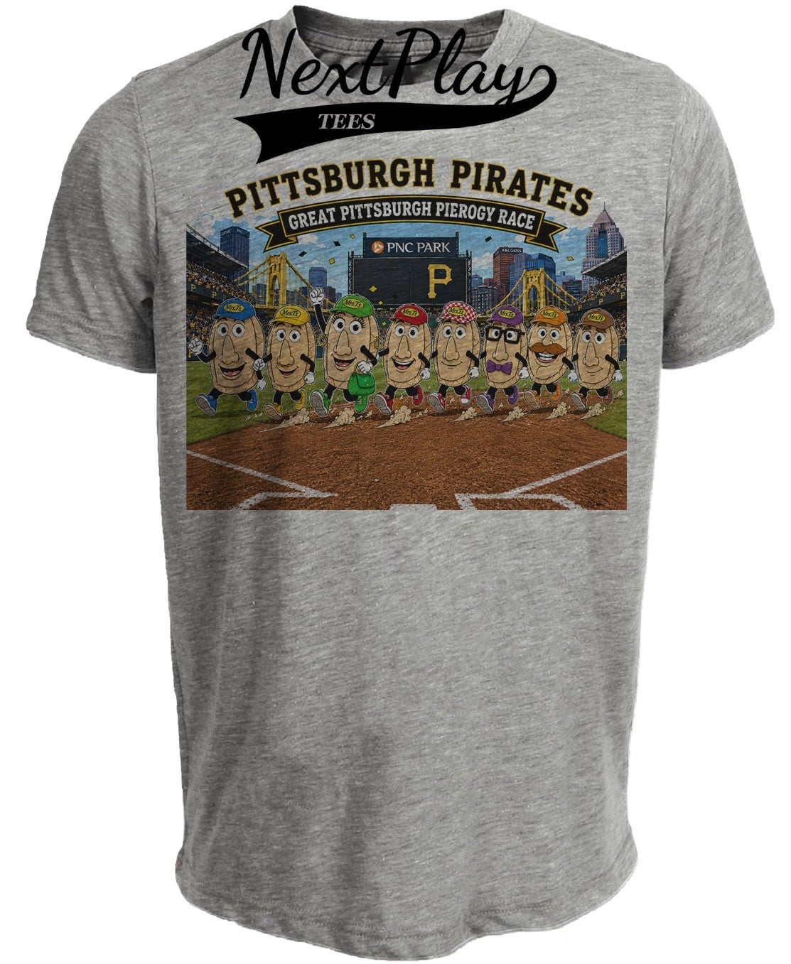 Pittsburgh Pirates Pierogy Mascot Race Retro Baseball Gray Sublimated T-Shirt