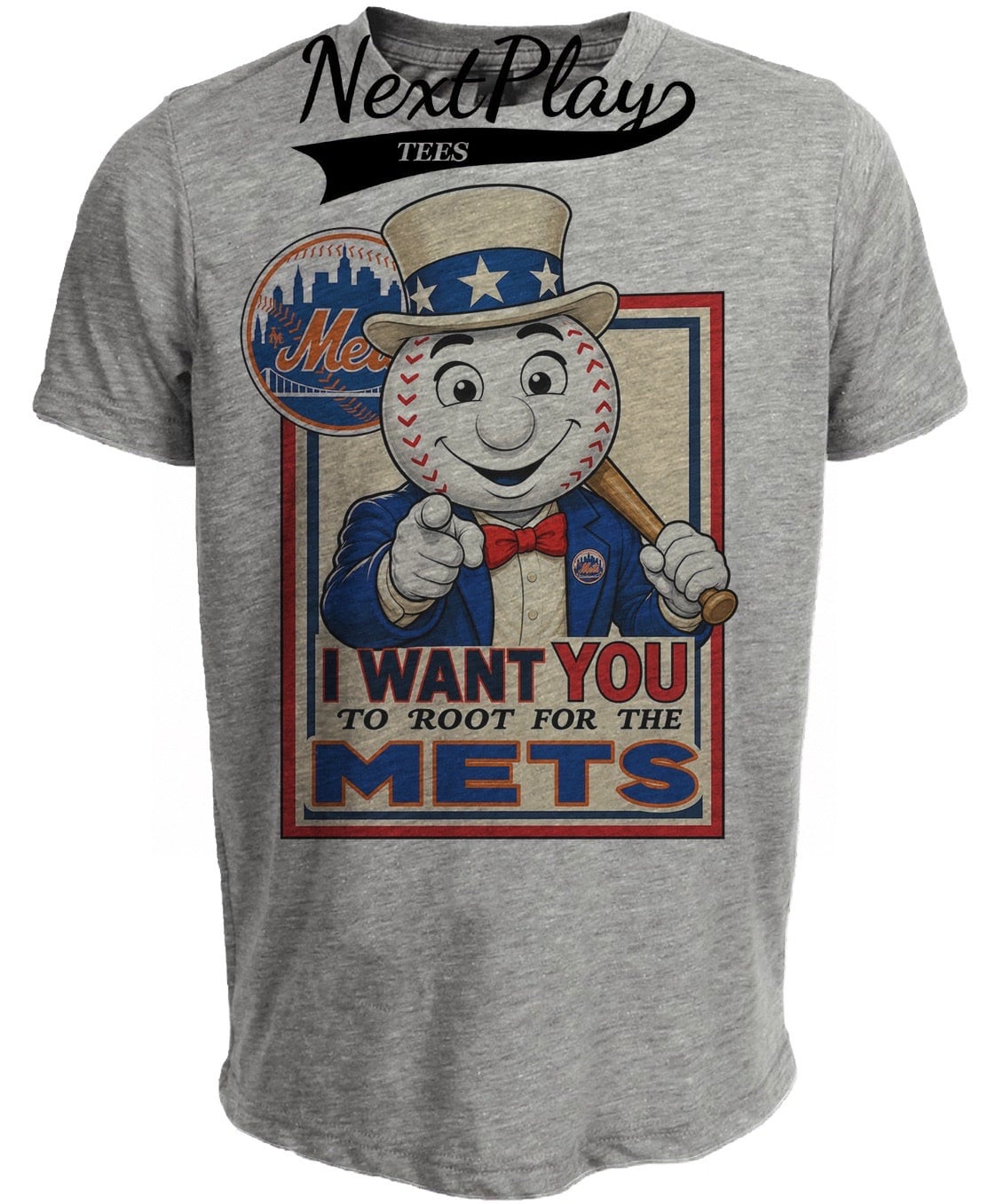 New York Mets Mr. Met Uncle Sam I Want You Retro Baseball Gray Sublimated T-Shirt
