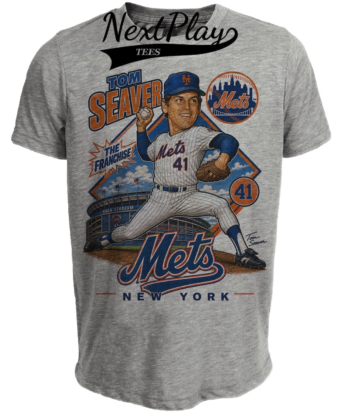 New York Mets Tom Seaver Caricature Retro Baseball Gray Sublimated T-Shirt