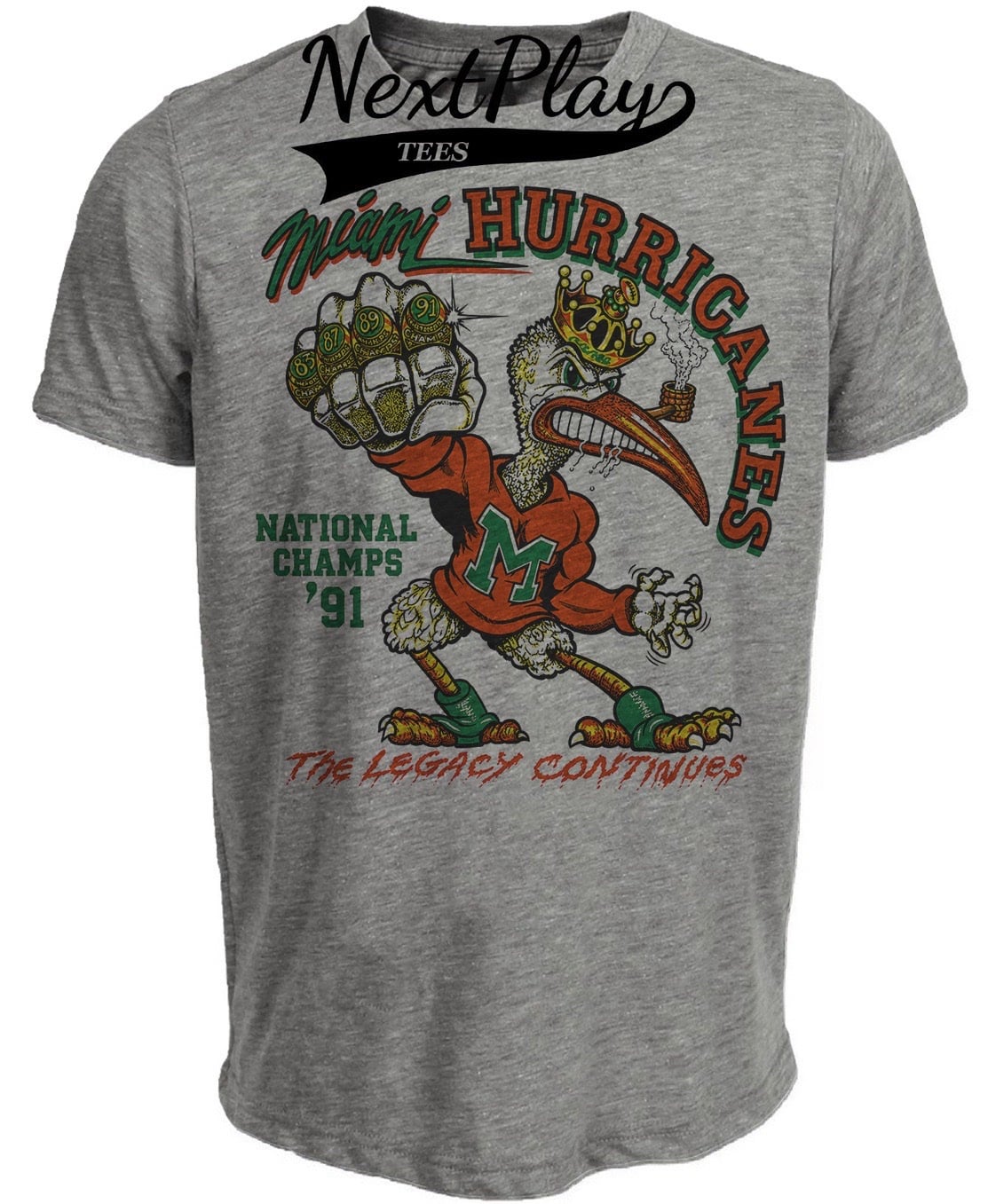 Miami Hurricanes 1991 National Champs Retro Football Gray Sublimated T-Shirt