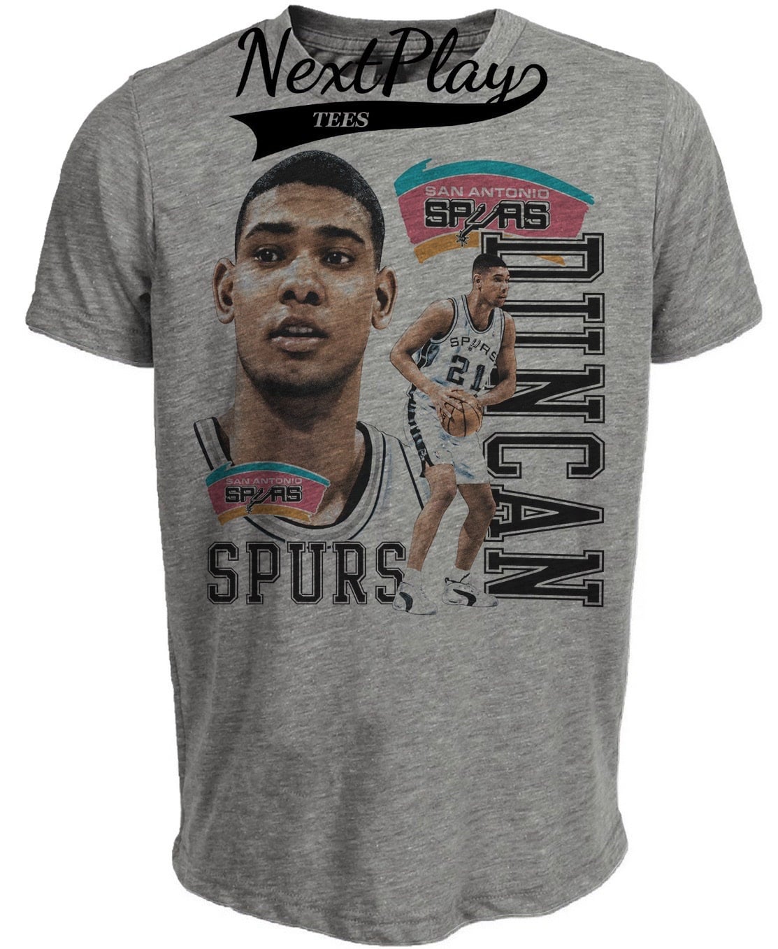 San Antonio Spurs Tim Duncan Retro 1998 Basketball Artwork Gray Sublimated T-Shirt