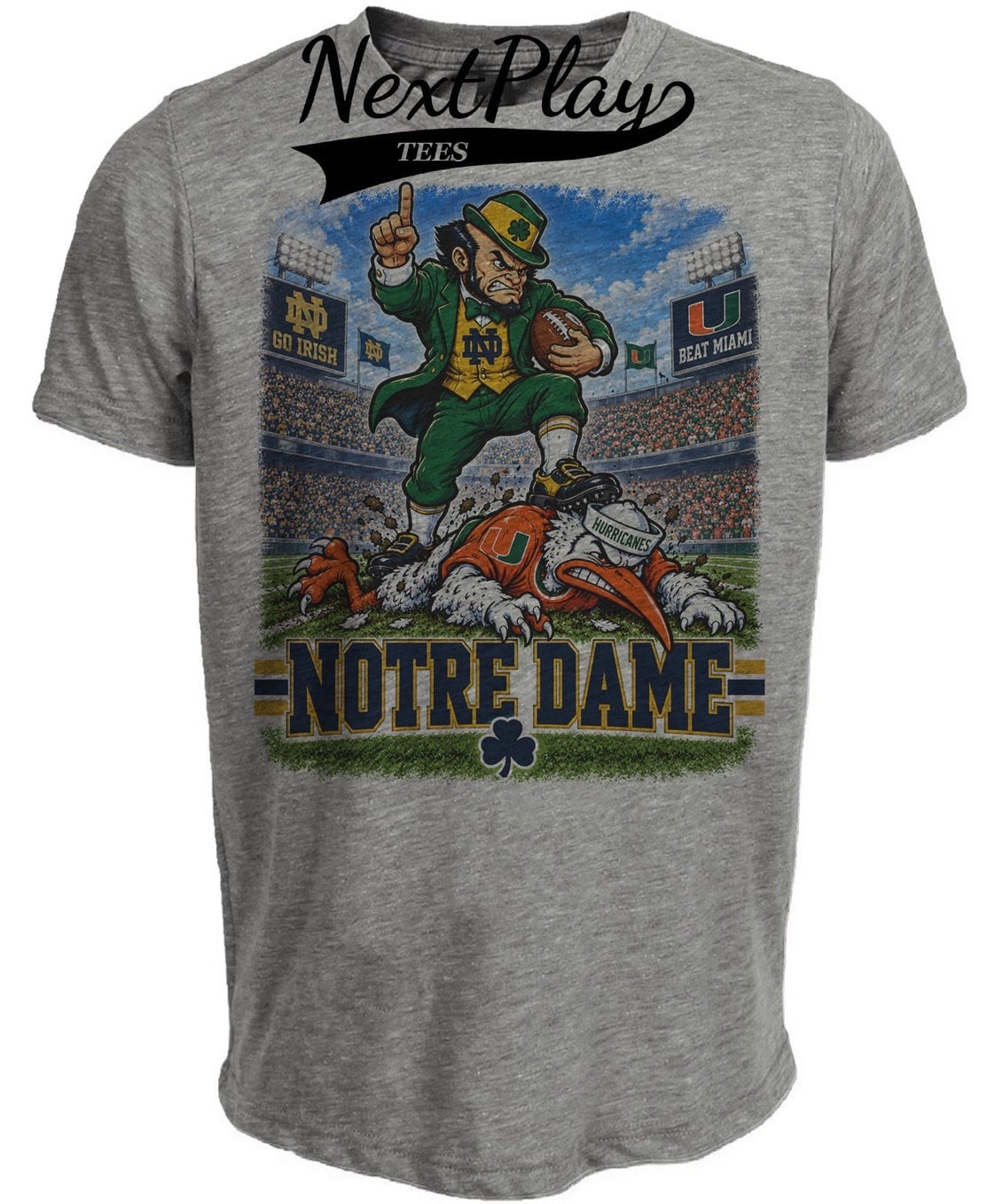Notre Dame Fighting Irish Leprechaun vs Miami Hurricanes Ibis Retro Rivals Football Gray Sublimated T-Shirt