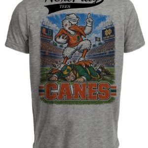 Miami Hurricanes Ibis vs Notre Dame Fighting Irish Leprechaun Retro Rivals Football Gray Sublimated T-Shirt
