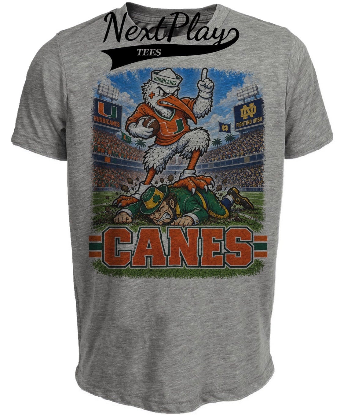 Miami Hurricanes Ibis vs Notre Dame Fighting Irish Leprechaun Retro Rivals Football Gray Sublimated T-Shirt